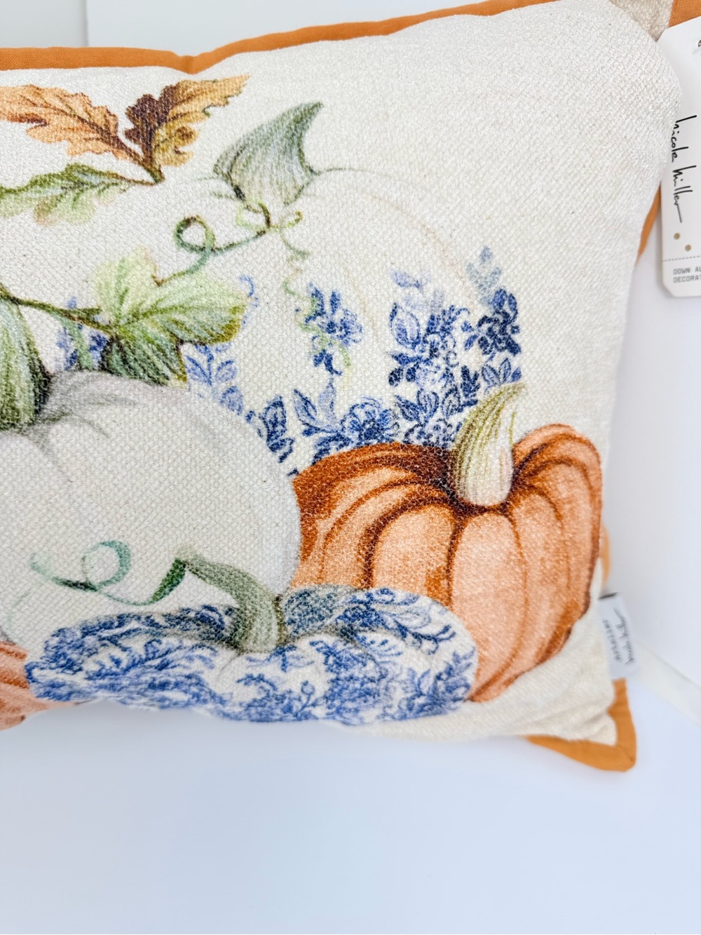 Artelier Nicole Miller Orange Cream Pumpkin Print Soft Woven Long Accent Pillow - Picture 5 of 12